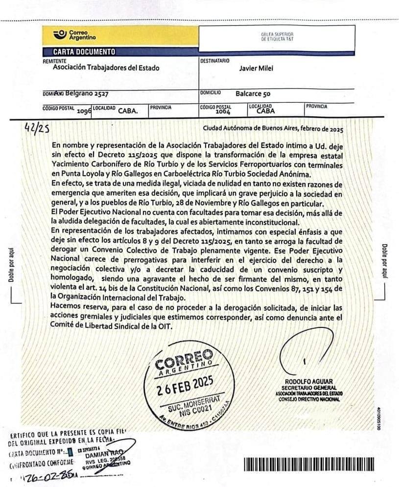ATE INTIMÓ A MILEI POR LA PRIVATIZACIÓN DE YCRT